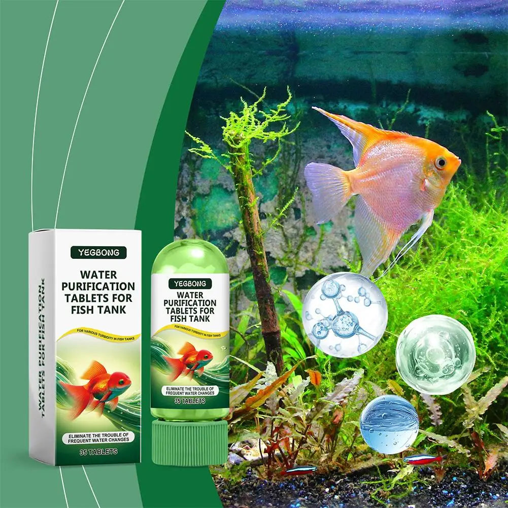 Yegbong water purification tablets for fish tank shown next to a vibrant orange fish in an aquarium setting.