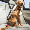 A golden dog wearing an adjustable nylon dog seat belt inside a car seat.