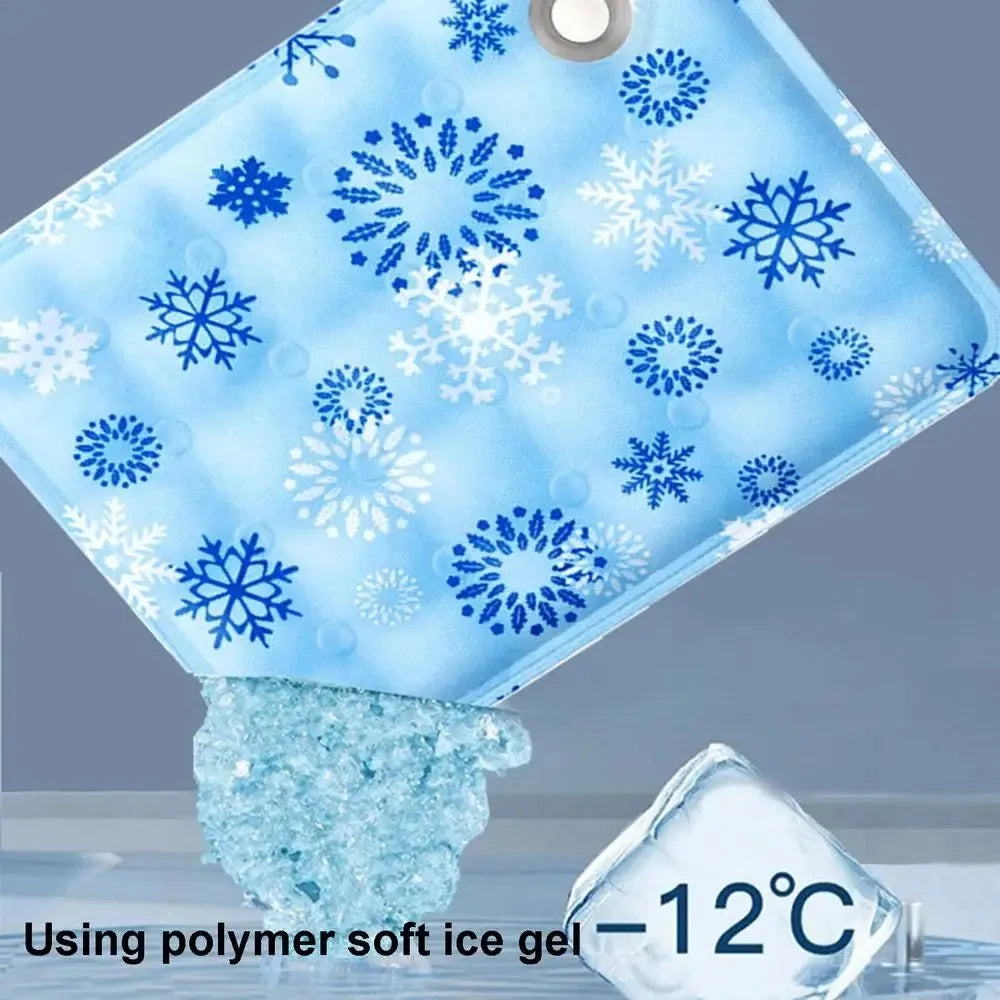 Un lit pour animaux en silicone bleu clair avec motif flocons de neige, montré à côté d'un morceau de glace étiqueté -12°C.
