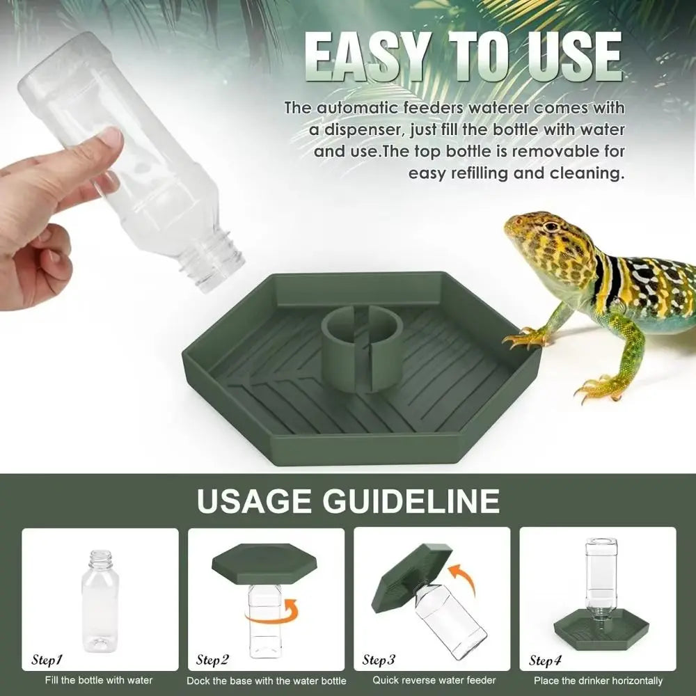 Grüne automatische Futterschale für Reptilien mit Dispenser und Wasserflasche.