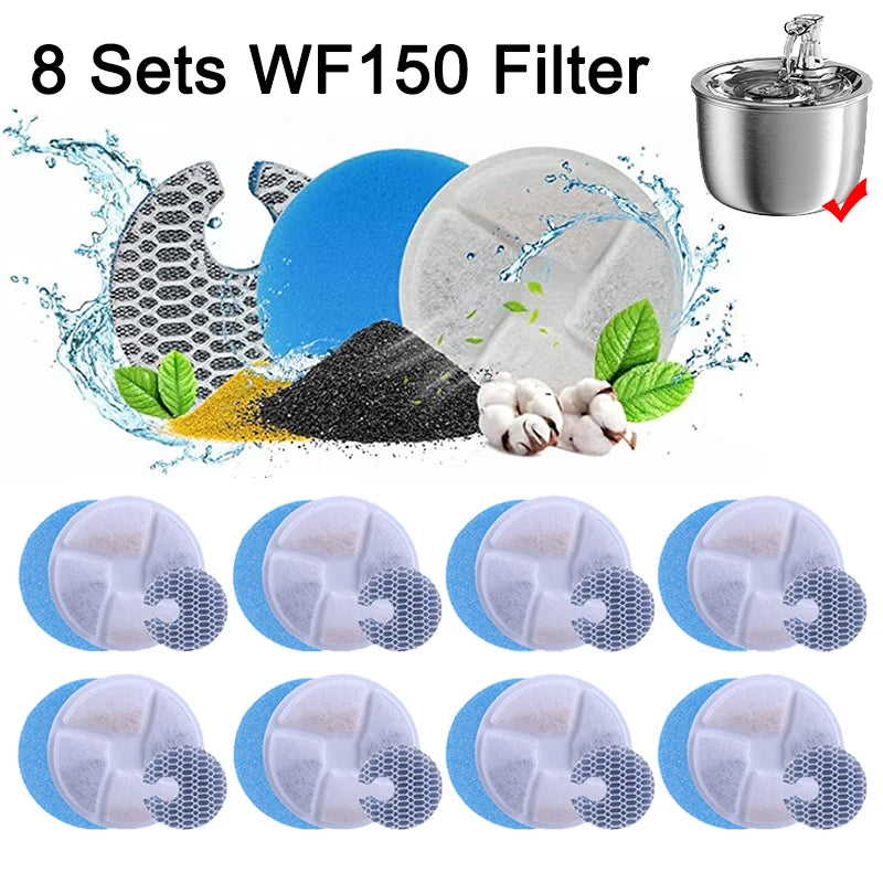 Eight sets of WF150 replacement filters for a cat water fountain, including various filter types and a stainless steel contai