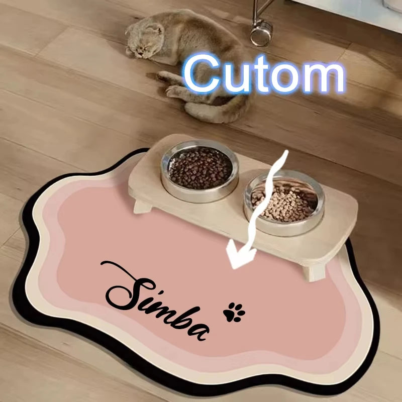 A pink pet feeding mat with a Simba design and a bowl of food on a wooden tray.