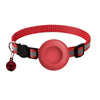 A red breakaway cat collar with a reflective strip and an airtag holder attached to the collar.