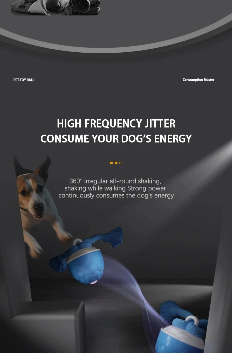 A dog is interacting with an interactive rolling ball that shakes to consume the dog's energy.