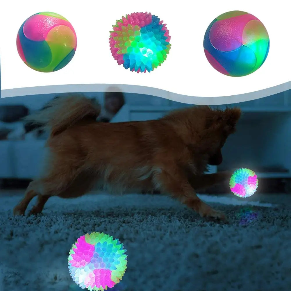 A brown dog is running across a white surface, with an interactive glowing fetch ball on the ground.