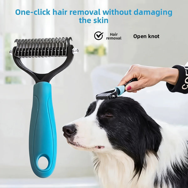 A hand uses a stainless steel pet hair removal comb to remove a knot from a dog's fur.