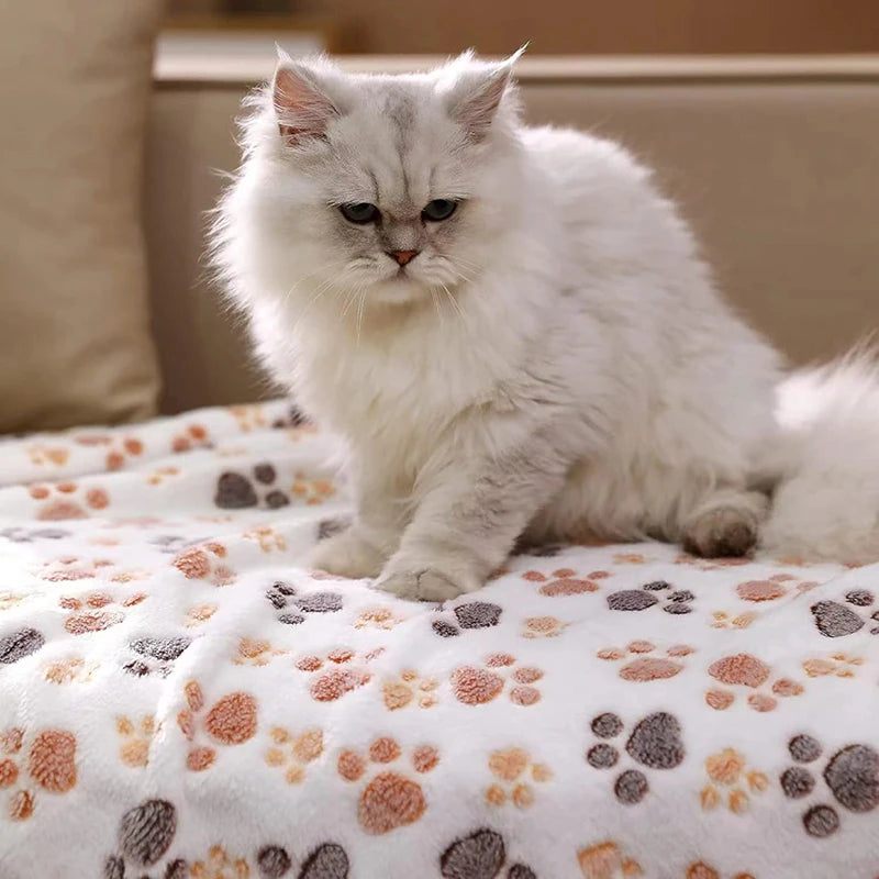 A fluffy white cat is lying on a white blanket with a paw print pattern.