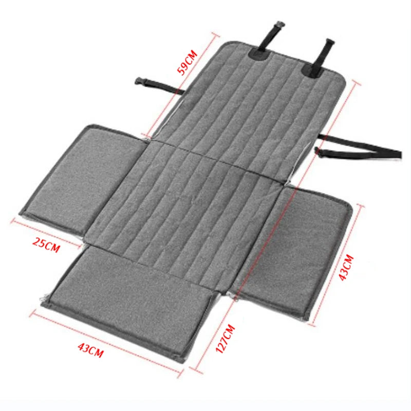 Gray waterproof dog car seat hammock with adjustable straps and various sized sections.