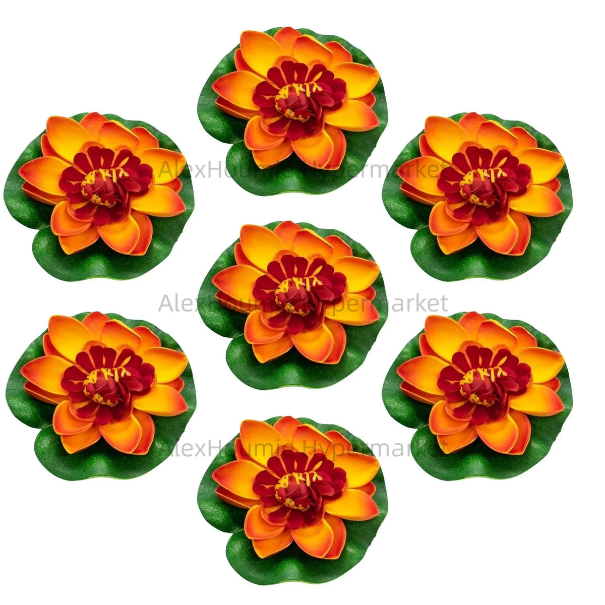 A set of seven orange and red floating foam lotus flowers with green water lily pads.