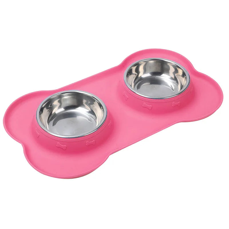 Pinkes Silikon-Doppeltiergeschirr mit Edelstahlschalen und anti-spill-Basis.