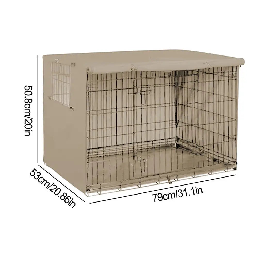 A beige waterproof dog crate cover with mesh windows shown from the side.