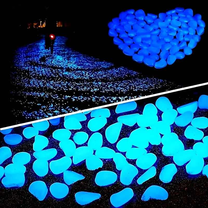 A heart shape formed by glowing blue stones on a dark surface.