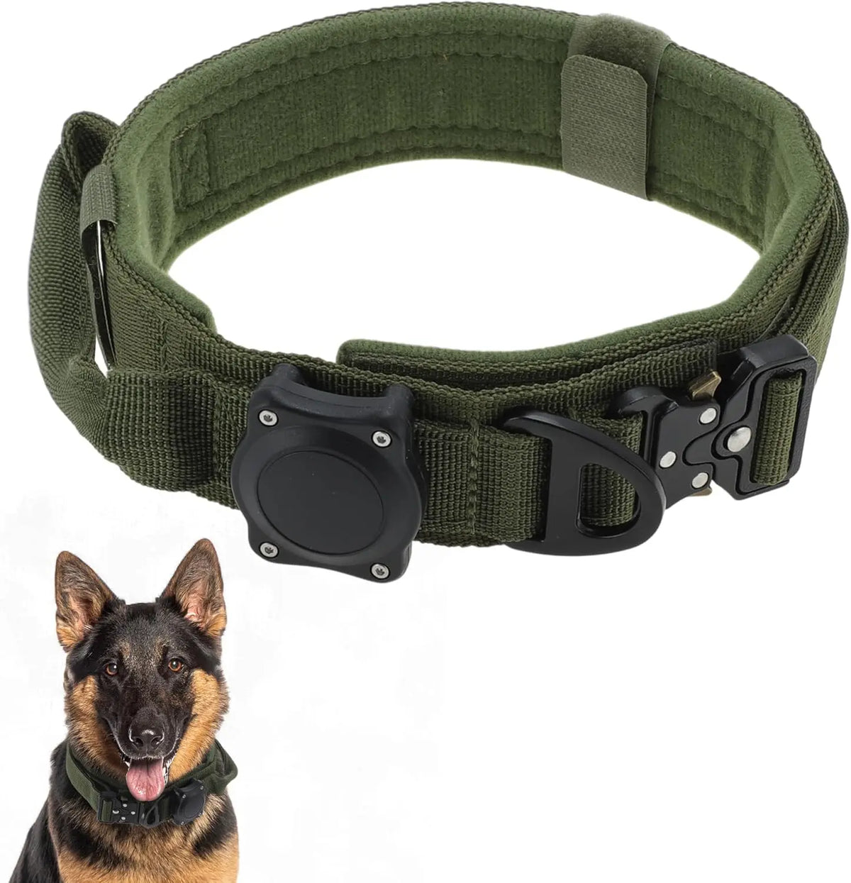 A dark olive green tactical dog collar with a black control handle and airtag holder, shown next to a German Shepherd.