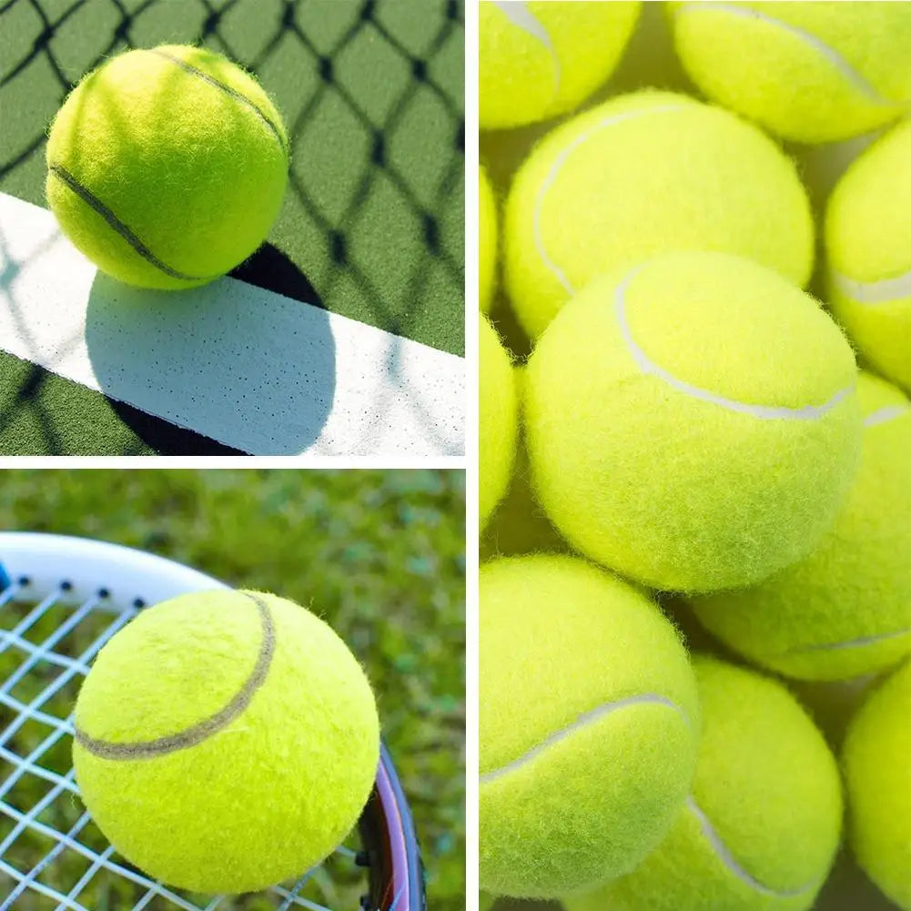 A close-up view of a set of bright yellow tennis balls on a green tennis court surface.