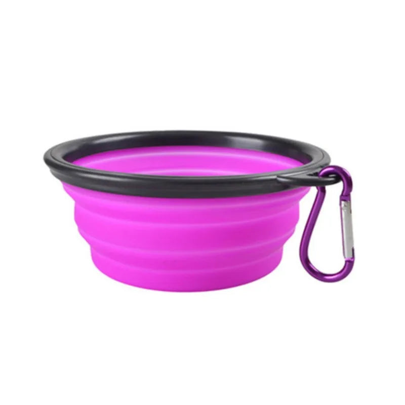 Helles pinkes faltbares Silikon-Haustier-Reisegeschirr mit schwarzem Rand und Haltestrap.