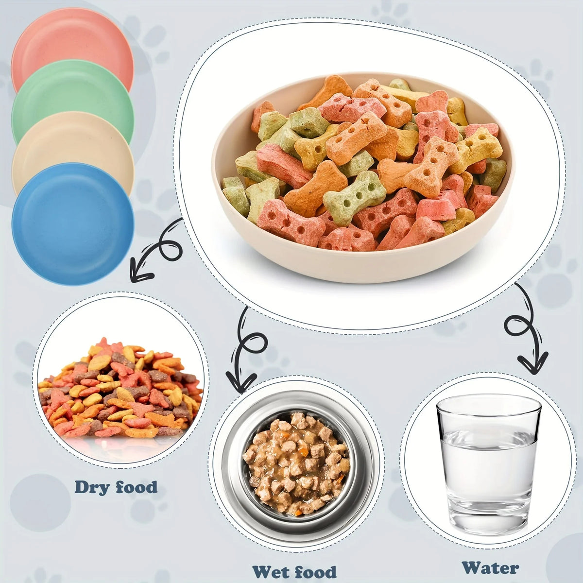 A bowl of colorful dry cat food next to a small container of wet food and a glass of water.