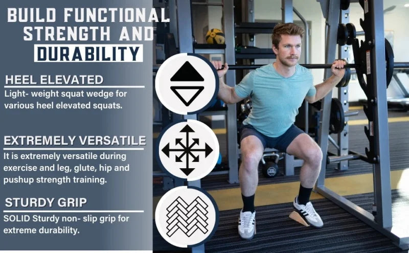 A man performing a heel elevated squat using a sturdy non-slip grip product in a gym setting.
