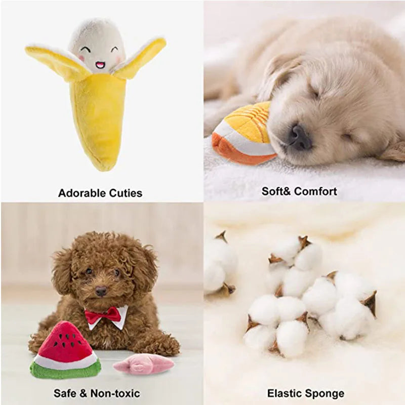A bone-shaped squeaky plush dog toy for chewers shown alongside a puppy sleeping, a small pink sponge, and white elastic spon