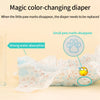 A magic color-changing diaper is shown with small paw marks disappearing, demonstrating strong water absorption.