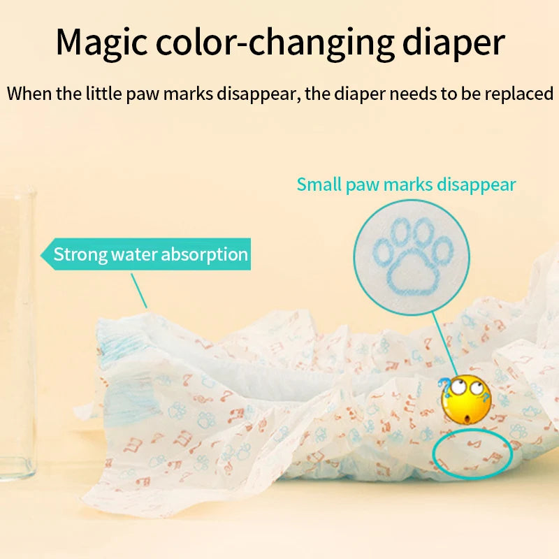 A magic color-changing diaper is shown with small paw marks disappearing, demonstrating strong water absorption.