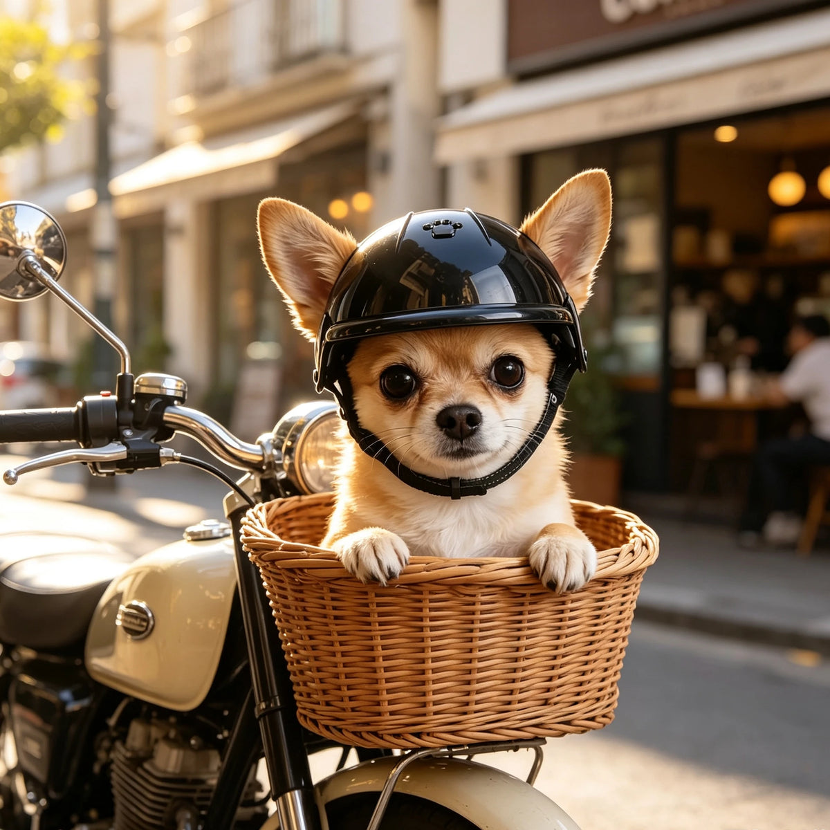Ein kleiner, flauschiger Hund trägt einen schwarzen Hundeschutzhelm auf einem Vintage-Motorrad.