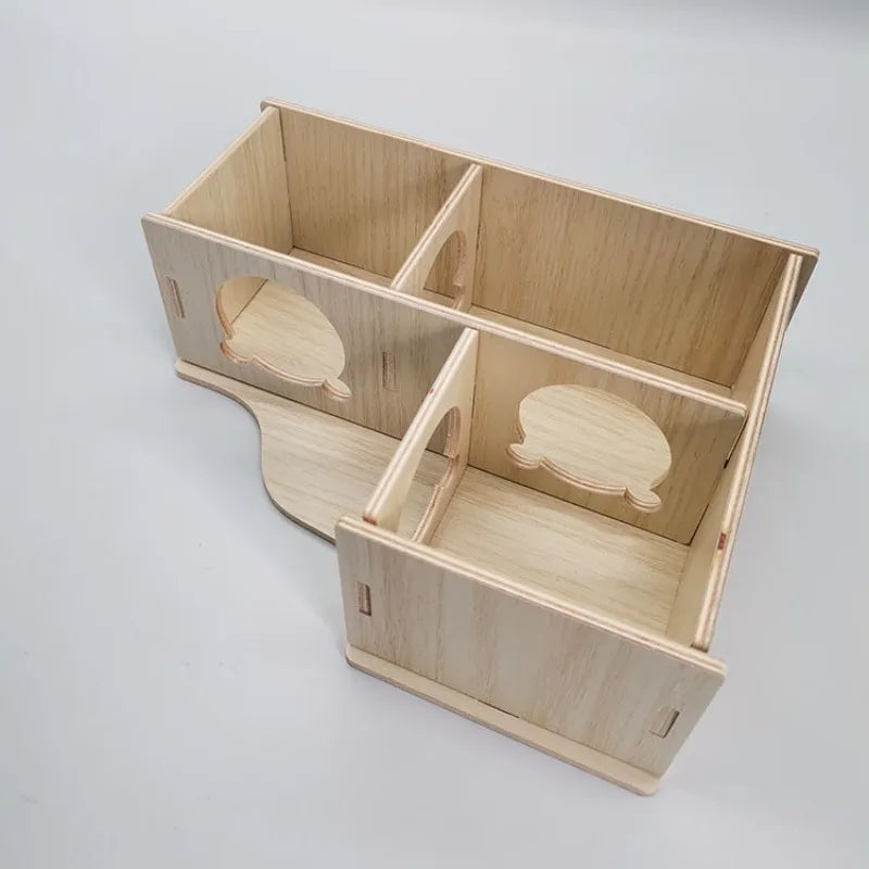 A light wood wooden multi-room maze playhouse designed for hamsters.