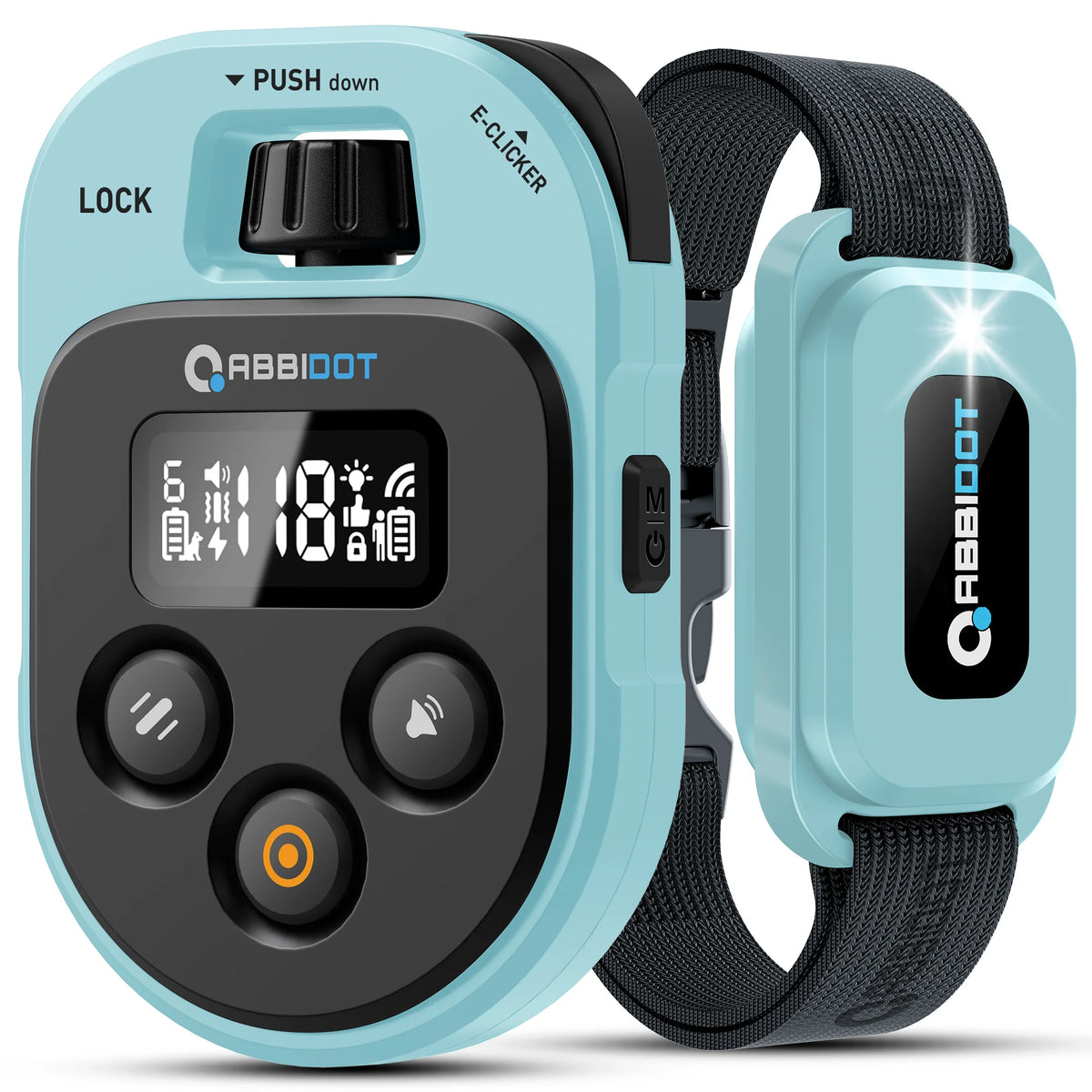 A light blue remote dog training collar with a black lock and an e-clicker component shown on a black strap.