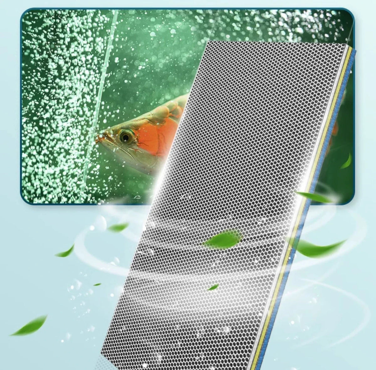 A close-up view of aquarium sponge filter media with a perforated surface and a fish swimming in the background.