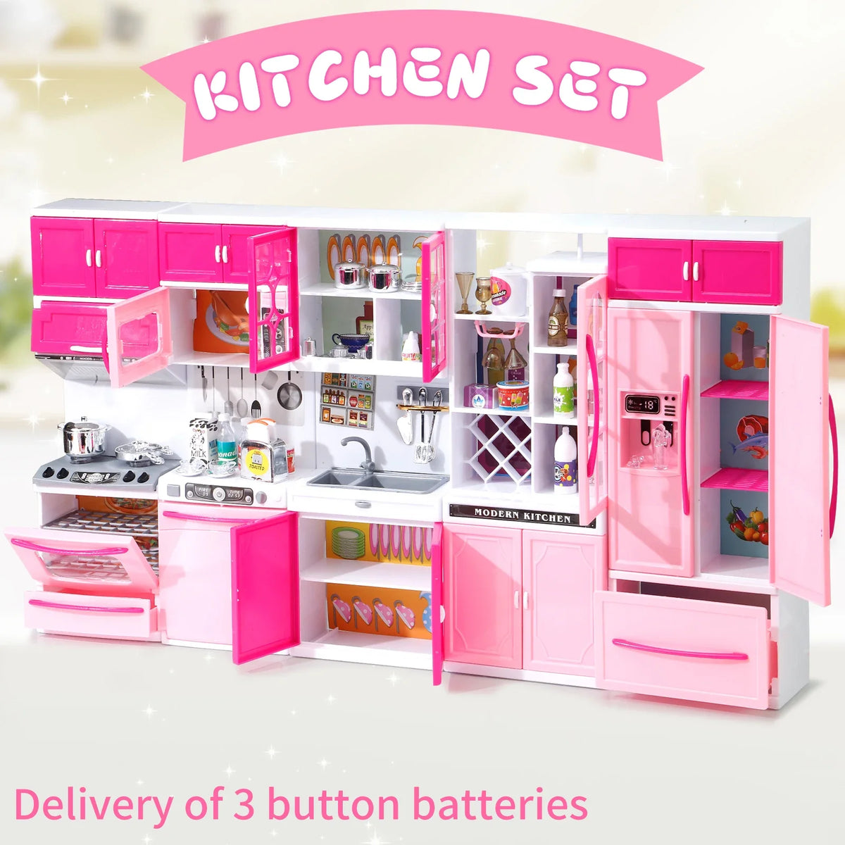 A pink kitchen set play food and appliance kit with lights and sounds