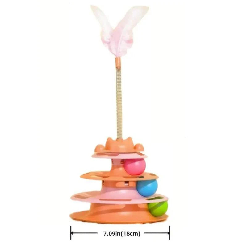 Interactive Cat Toy Tower with Turntable, Track, and Feather Balls