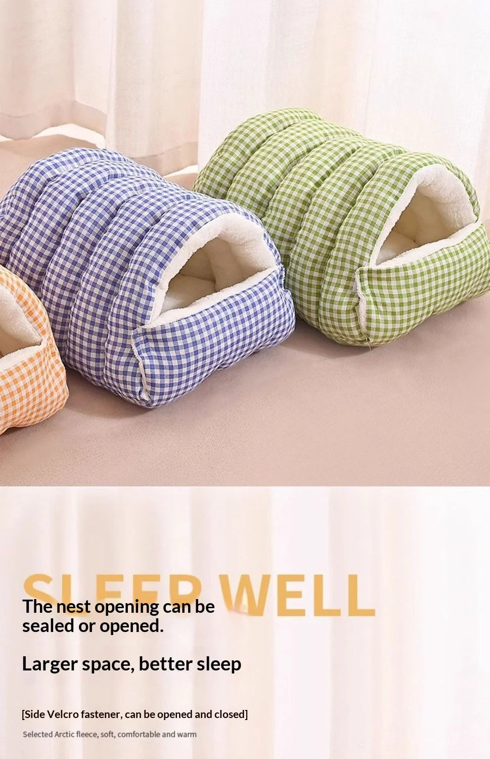 A green checkered cozy cave cat bed with a beige fleece lining and a blue checkered version.