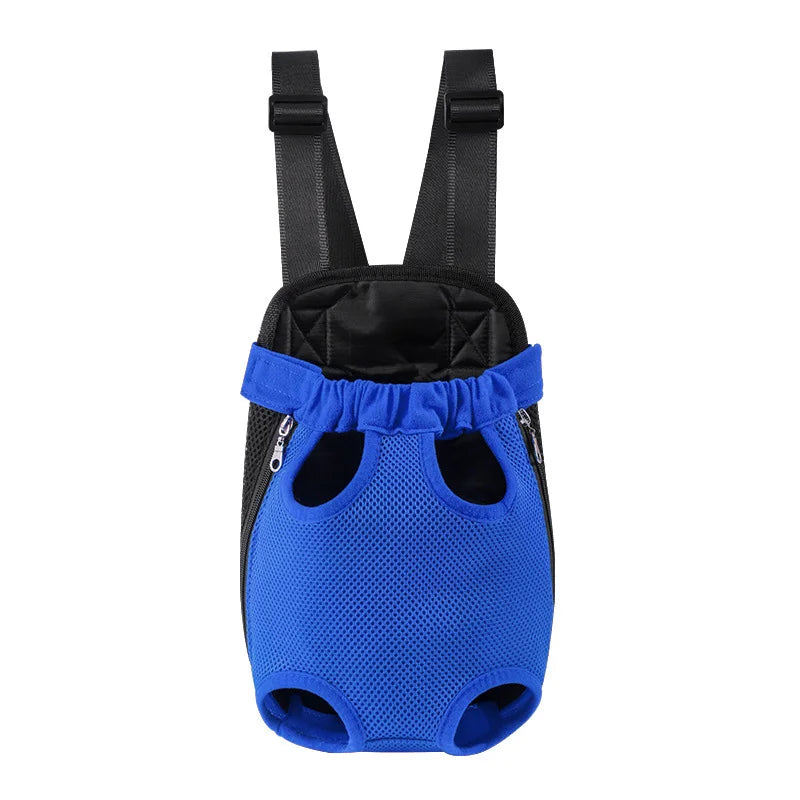 Blue outdoor camouflage dog carrier backpack with black straps and mesh paneling