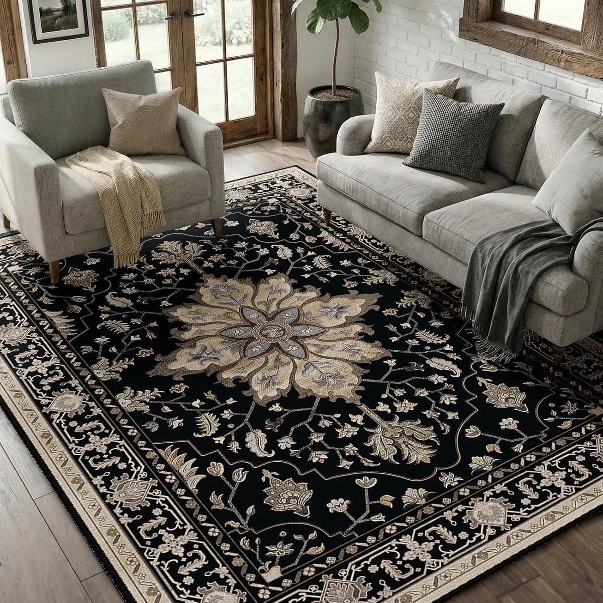 A large black and beige bohemian Persian floral area rug with intricate patterns in a living room setting.