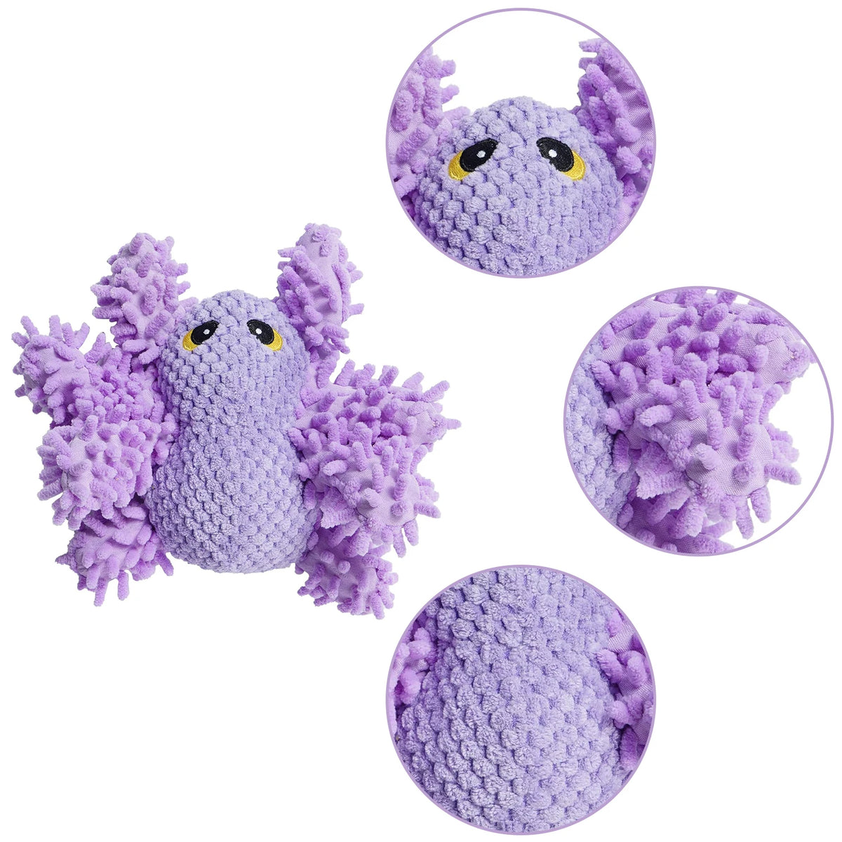 Purple plush squeaky dog toys with crinkle texture shown in various circular views.