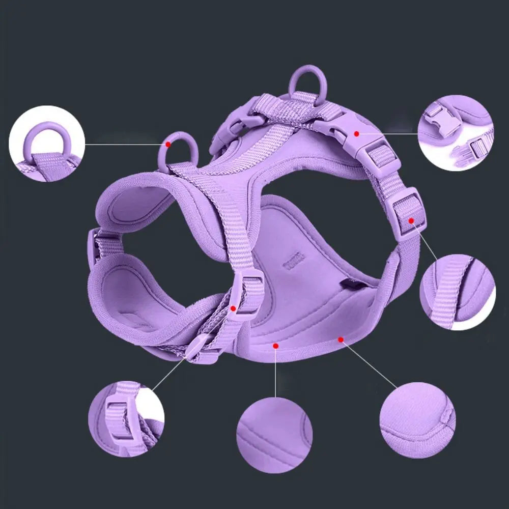 Purple reflective dog harness vest with various adjustable straps and components shown in detail