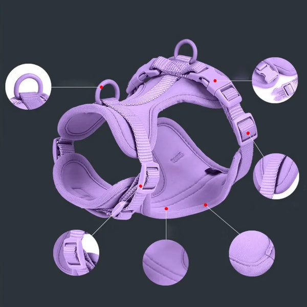 Purple reflective dog harness vest with various adjustable straps and components shown in detail