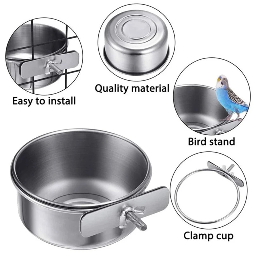 Stainless Steel Clamp-On Bird Feeder & Water Cup for Cages