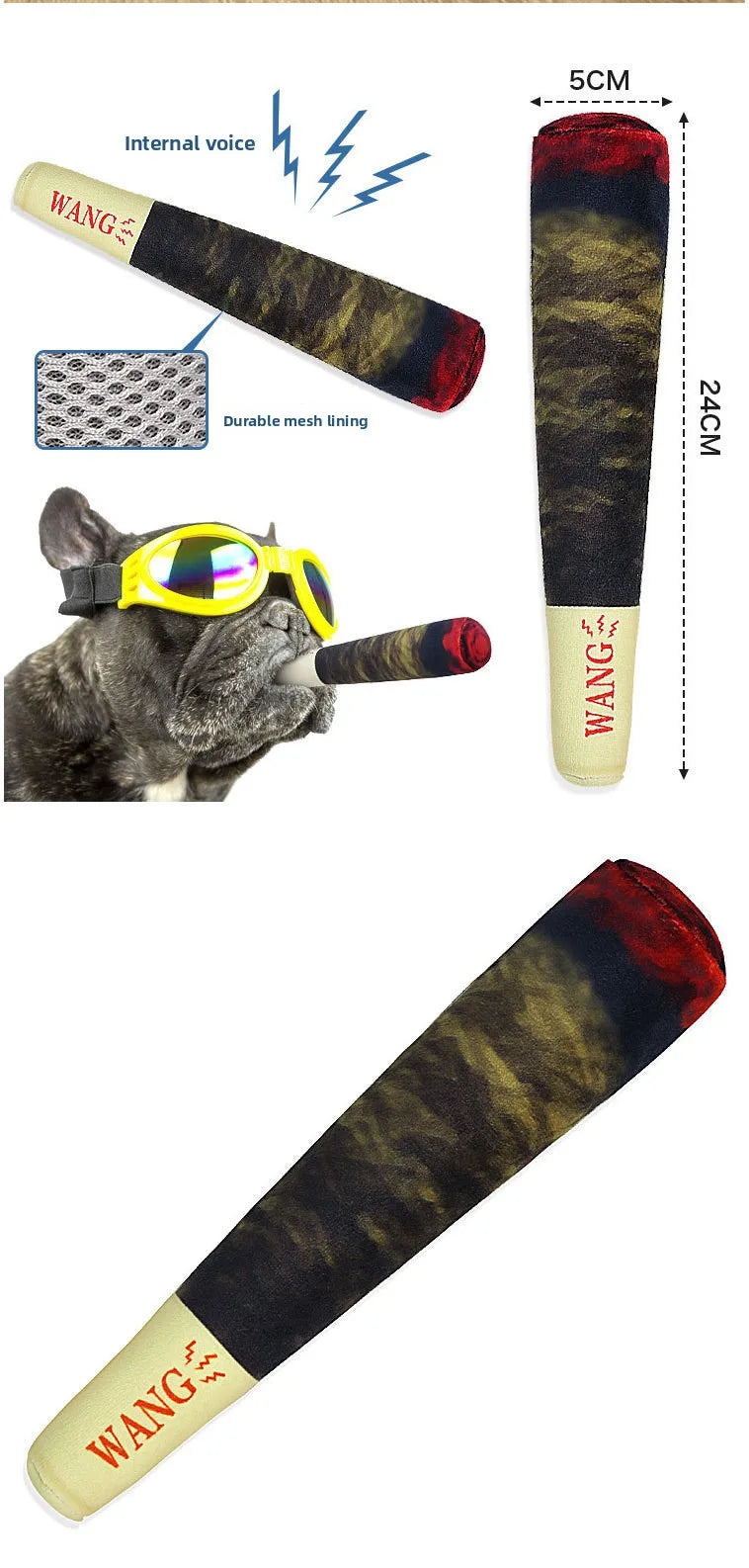 A dark brown and black plush dog toy shaped like a cigar, featuring a durable mesh lining and a yellow silicone nose.