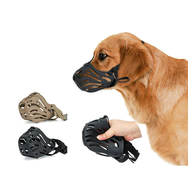 A golden retriever wearing a black adjustable breathable dog muzzle, with the muzzle and separate pieces shown below.