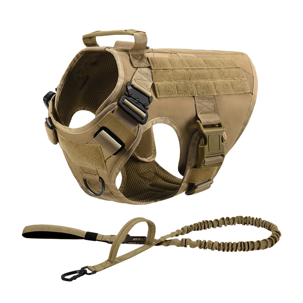 Tan tactical dog harness set including a collar and leash with MOLLE pouches