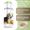 A roll of cat litter bags showing a kitten and dimensions for use with cat litter boxes