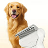 A golden retriever dog is positioned next to a white pet grooming brush for detangling.