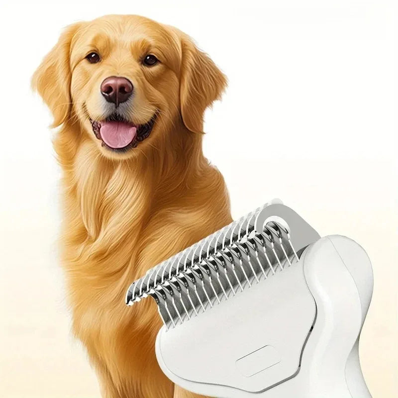 A golden retriever dog is positioned next to a white pet grooming brush for detangling.