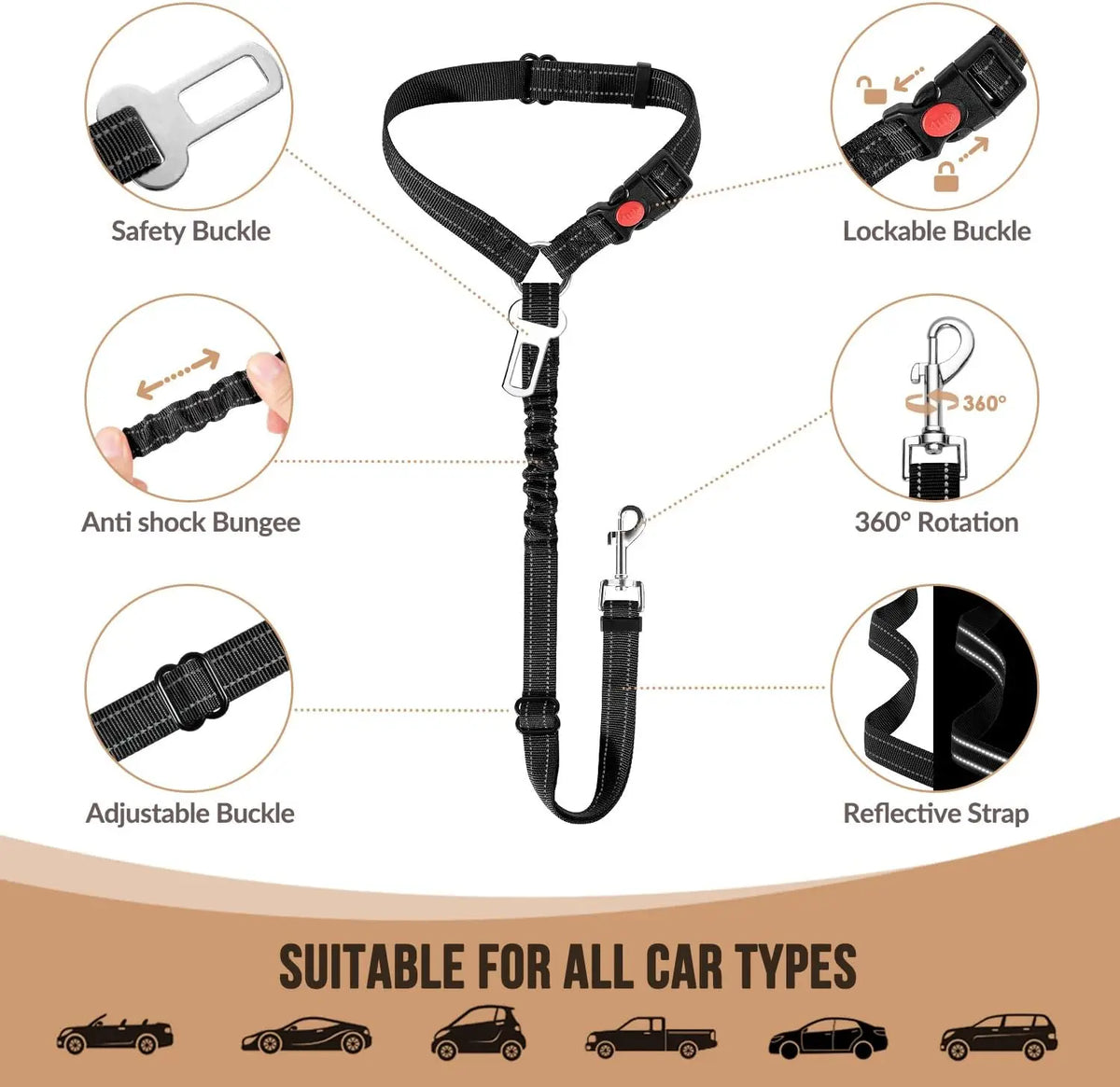 Adjustable Dog Car Seat Belt with Elastic Bungee and Reflective Stitching