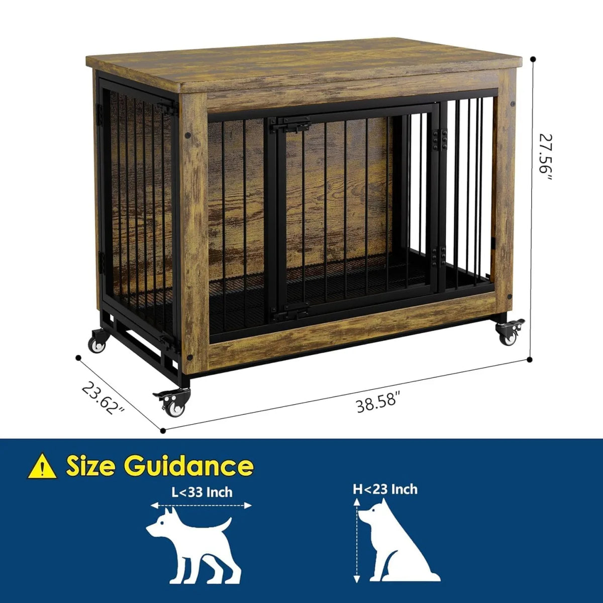 Wooden Dog Crate Furniture with 3 Doors and Locking Wheels