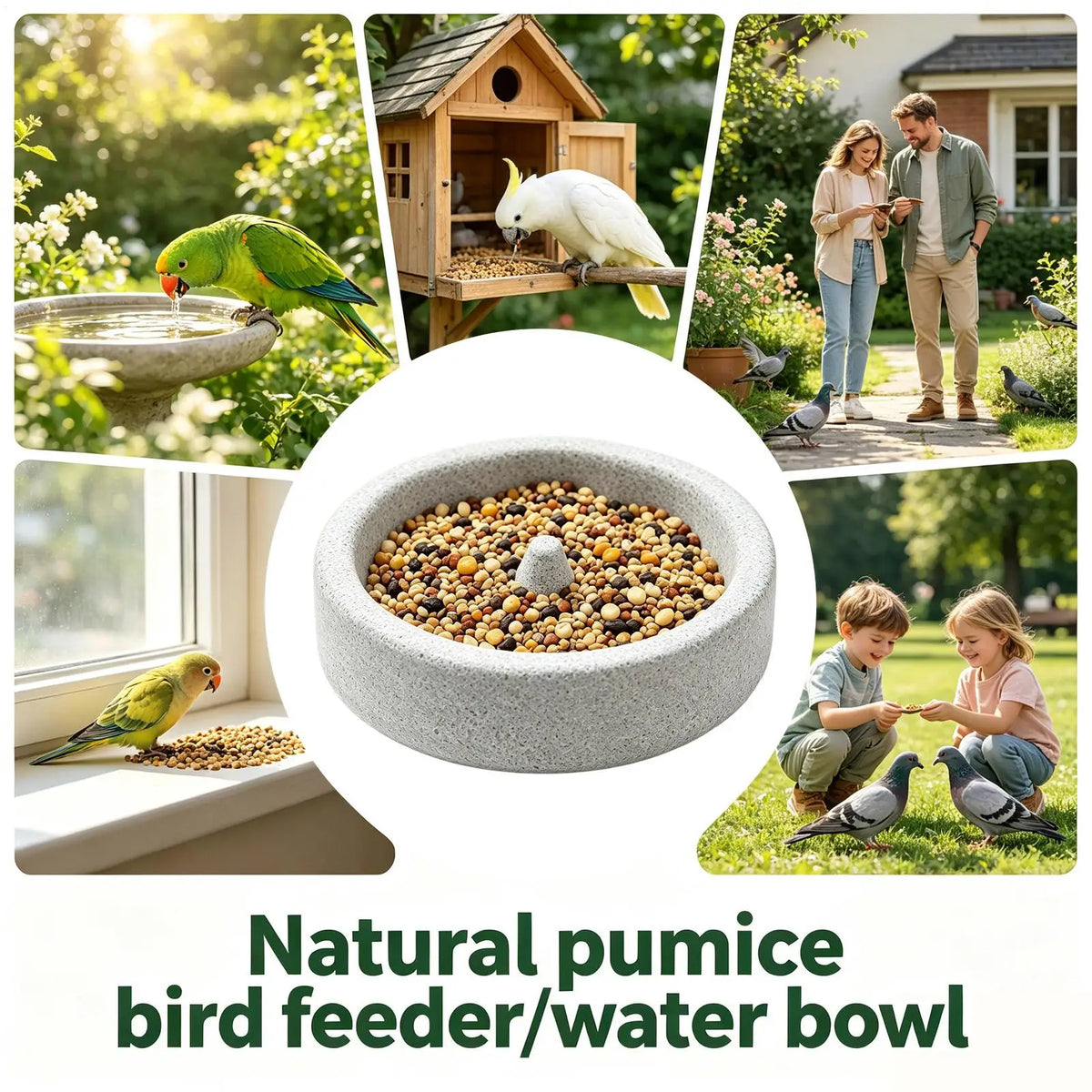 Natural Pumice Bird Feeding Bowl with Anti-Spill Design