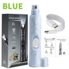 A blue electric pet nail grinder device shown with its components and power cord.