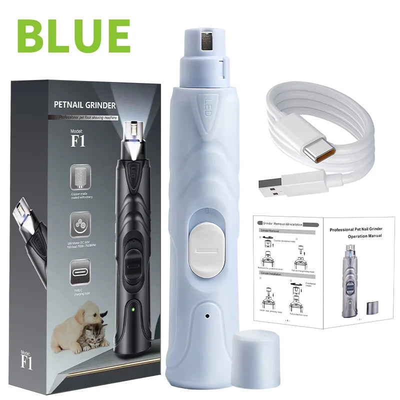 A blue electric pet nail grinder device shown with its components and power cord.