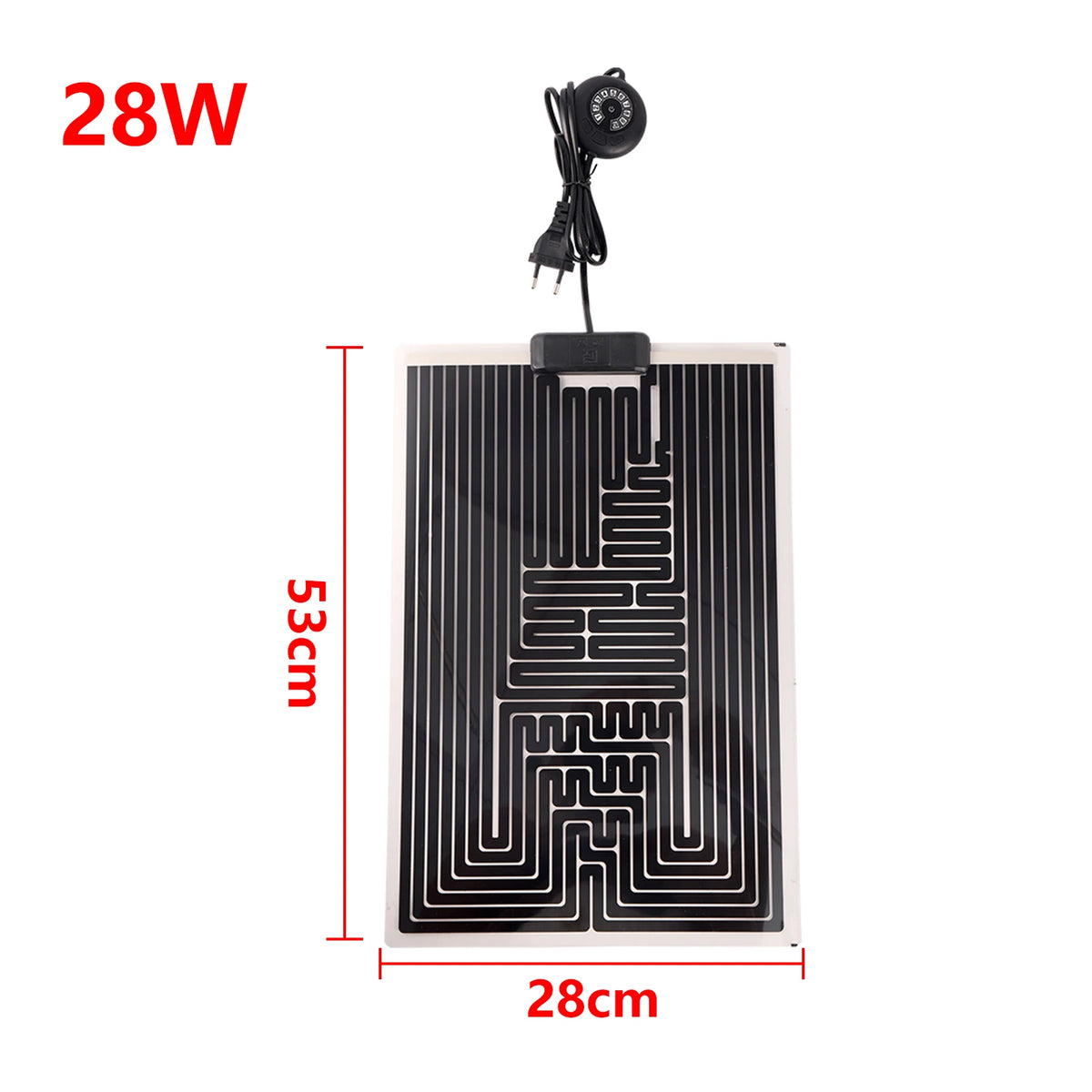 A black reptile heat mat with a thermostat and wiring, measuring 28W and 53cm in length.