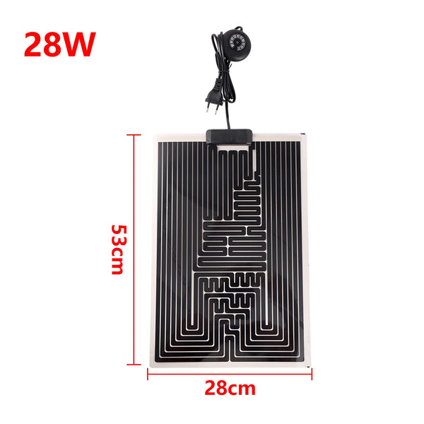 A black reptile heat mat with a thermostat and wiring, measuring 28W and 53cm in length.